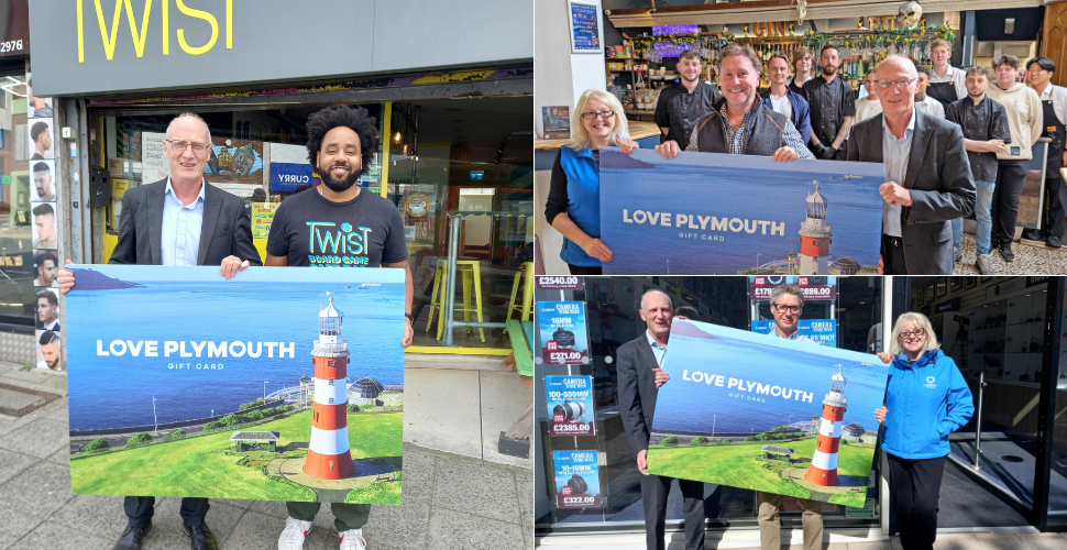 Three photos of people holding large “Love Plymouth Gift Card” boards featuring Smeaton’s Tower lighthouse. Locations include outside a shop, inside a bar, and in front of a storefront.